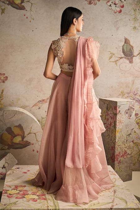 Shop Ridhi Mehra Pink Blouse Net Embroidery Floral Applique Scallop V Neck Femme Sharara Set at Aza Fashions Shop_Ridhi Mehra_Pink Blouse Net Embroidery Floral Applique Scallop V Neck Femme Sharara Set _at_Aza_Fashions