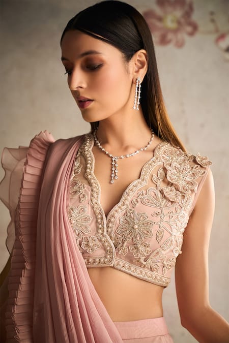 Ridhi Mehra Pink Blouse Net Embroidery Floral Applique Scallop V Neck Femme Sharara Set Online at Aza Fashions Ridhi Mehra_Pink Blouse Net Embroidery Floral Applique Scallop V Neck Femme Sharara Set _Online_at_Aza_Fashions