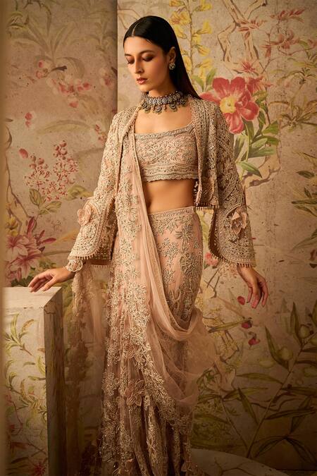 Buy_Ridhi Mehra_Pink Net Lady Floral Applique Embroidered Jacket Skirt Set _Online_at_Aza_Fashions
