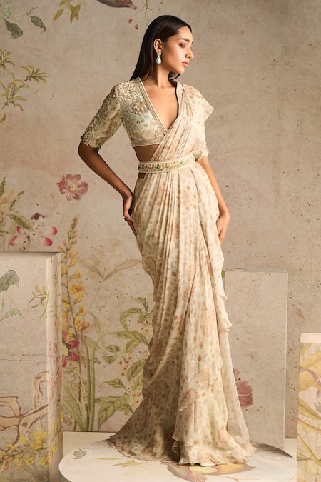 Ridhi Mehra Ivory Flamboyance Printed Pre-draped Saree With Blouse