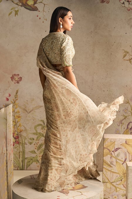 Shop Ridhi Mehra Ivory Saree Chiffon Printed Floral Plunge Flamboyance Pre-draped With Blouse at Aza Fashions Shop_Ridhi Mehra_Ivory Saree Chiffon Printed Floral Plunge Flamboyance Pre-draped With Blouse _at_Aza_Fashions