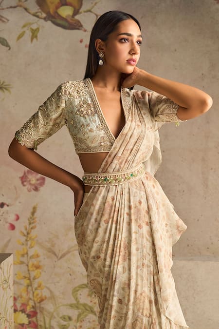 Ridhi Mehra Ivory Saree Chiffon Printed Floral Plunge Flamboyance Pre-draped With Blouse Online at Aza Fashions Ridhi Mehra_Ivory Saree Chiffon Printed Floral Plunge Flamboyance Pre-draped With Blouse _Online_at_Aza_Fashions