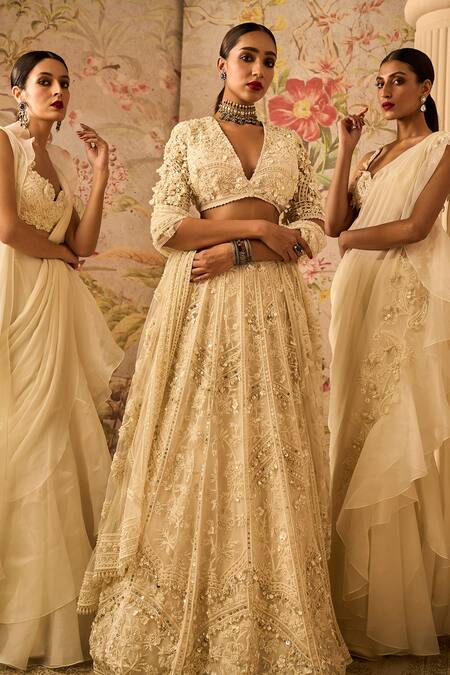 Ridhi Mehra Ivory Lehenga And Dupatta Organza Embroidery Thread Stripe Bridal Set Online at Aza Fashions Ridhi Mehra_Ivory Lehenga And Dupatta Organza Embroidery Thread Stripe Bridal Set _Online_at_Aza_Fashions