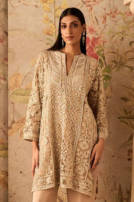 Buy_Ridhi Mehra_Gold Kurta Net Embroidery Thread Notched Showcase Sequin And Pant Set  _Online_at_Aza_Fashions