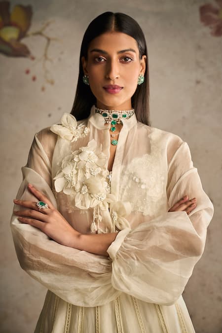Shop_Ridhi Mehra_Ivory Organza Embroidered 3d Flowers Shirt Trendsetter Pearl Lehenga Set _at_Aza_Fashions