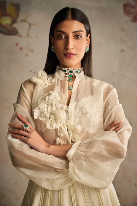 Shop Ridhi Mehra Ivory Organza Embroidered 3d Flowers Trendsetter Floral Applique Work Shirt at Aza Fashions Shop_Ridhi Mehra_Ivory Organza Embroidered 3d Flowers Trendsetter Floral Applique Work Shirt _at_Aza_Fashions