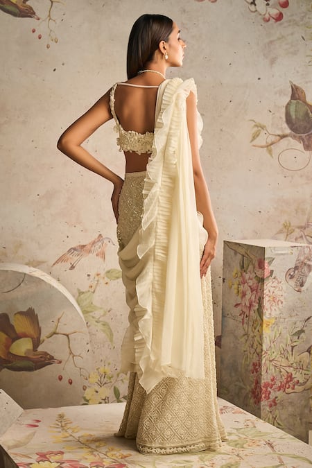 Shop_Ridhi Mehra_Ivory Net Embroidered 3d Flowers Sweetheart Neck Finesse Pearl Skirt Set _at_Aza_Fashions