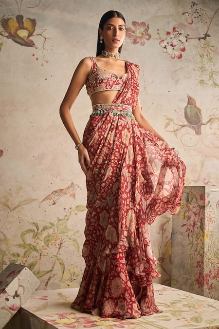 Ridhi Mehra Red Glamour Floral Print Saree Set