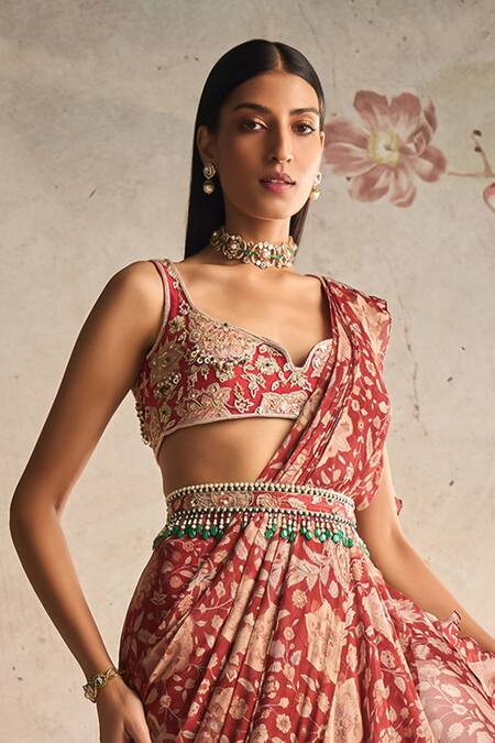 Ridhi Mehra Red Saree Chiffon Printed And Embroidered Floral Sweetheart Glamour Set Online at Aza Fashions Ridhi Mehra_Red Saree Chiffon Printed And Embroidered Floral Sweetheart Glamour Set _Online_at_Aza_Fashions