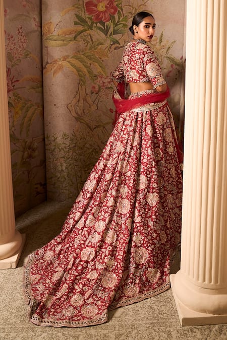 Shop Ridhi Mehra Red Silk, Net Sequins, Beads, Applique, Starlet Floral Print Trail Lehenga Set at Aza Fashions Shop_Ridhi Mehra_Red Silk, Net Sequins, Beads, Applique, Starlet Floral Print Trail Lehenga Set _at_Aza_Fashions