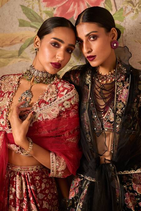 Buy Ridhi Mehra Red Silk, Net Sequins, Beads, Applique, Starlet Floral Print Trail Lehenga Set Online at Aza Fashions Buy_Ridhi Mehra_Red Silk, Net Sequins, Beads, Applique, Starlet Floral Print Trail Lehenga Set _Online_at_Aza_Fashions