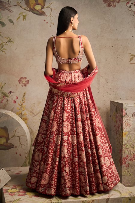 Shop Ridhi Mehra Red Net, Silk Beads, Pearls, Sequins, Zari Demi Floral Print Lehenga Set at Aza Fashions Shop_Ridhi Mehra_Red Net, Silk Beads, Pearls, Sequins, Zari Demi Floral Print Lehenga Set _at_Aza_Fashions