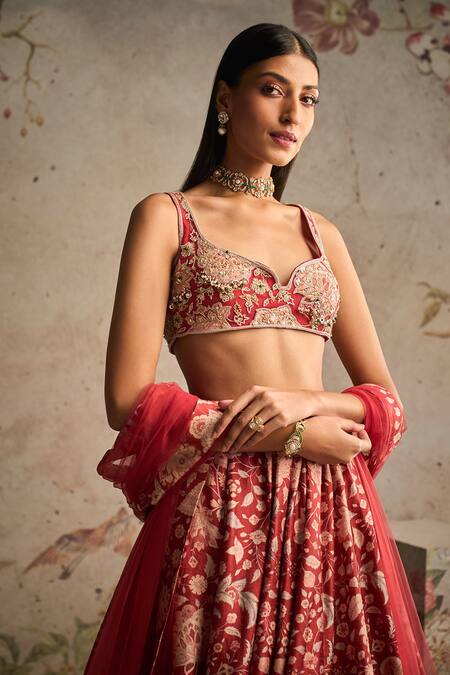 Ridhi Mehra Red Net, Silk Beads, Pearls, Sequins, Zari Demi Floral Print Lehenga Set Online at Aza Fashions Ridhi Mehra_Red Net, Silk Beads, Pearls, Sequins, Zari Demi Floral Print Lehenga Set _Online_at_Aza_Fashions