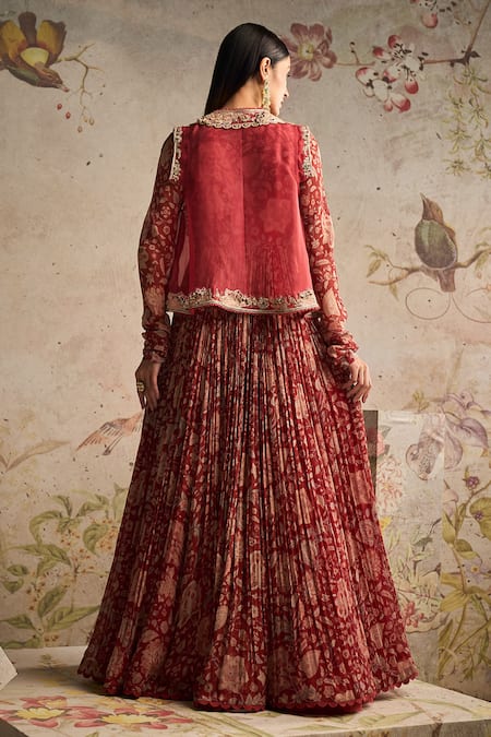 Shop_Ridhi Mehra_Red Anarkali Chiffon Printed And Embroidered Floral Dazzle & Jacket Set _at_Aza_Fashions