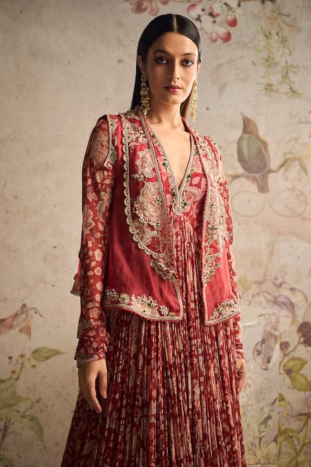 Ridhi Mehra_Red Anarkali Chiffon Printed And Embroidered Floral Dazzle & Jacket Set _Online_at_Aza_Fashions