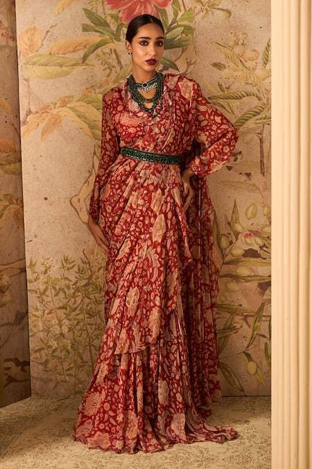 Ridhi Mehra Red Chiffon Regal Printed Pre-draped Saree With Jacket