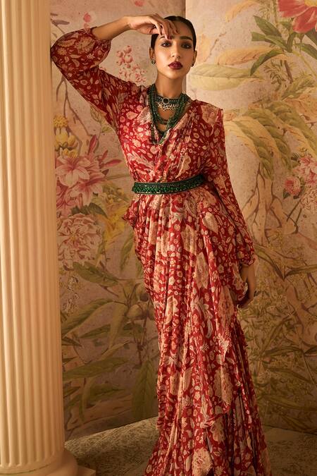 Ridhi Mehra_Red Chiffon Printed Floral Ruffle Regal Pre-draped Saree With Jacket _Online_at_Aza_Fashions