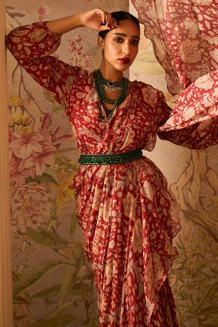 Buy_Ridhi Mehra_Red Chiffon Printed Floral Ruffle Regal Pre-draped Saree With Jacket _Online_at_Aza_Fashions