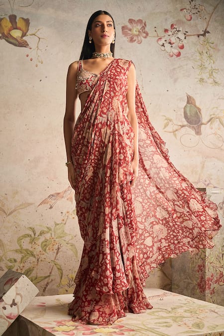 Ridhi Mehra Red Retro Printed Pre-draped Saree With Blouse