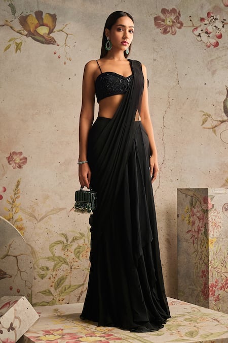 Ridhi Mehra Black Diva Pre-draped Saree With Embroidered Blouse
