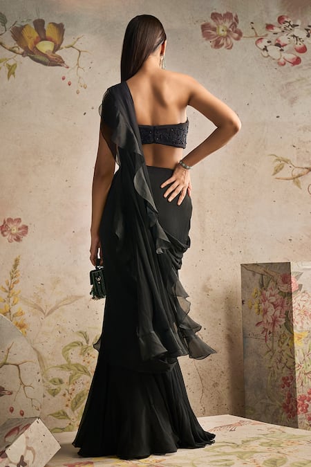 Shop_Ridhi Mehra_Black Saree Chiffon Embroidered Bead Sweetheart Diva Pre-draped With Blouse _at_Aza_Fashions