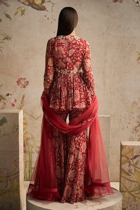 Shop Ridhi Mehra Red Chiffon, Organza, Net Pearls, Awespiring Printed Peplum Kurta Gharara Set at Aza Fashions Shop_Ridhi Mehra_Red Chiffon, Organza, Net Pearls, Awespiring Printed Peplum Kurta Gharara Set _at_Aza_Fashions