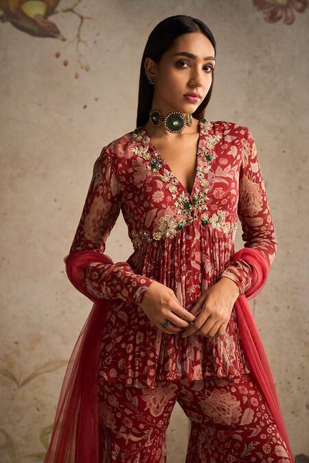 Ridhi Mehra Red Chiffon, Organza, Net Pearls, Awespiring Printed Peplum Kurta Gharara Set Online at Aza Fashions Ridhi Mehra_Red Chiffon, Organza, Net Pearls, Awespiring Printed Peplum Kurta Gharara Set _Online_at_Aza_Fashions