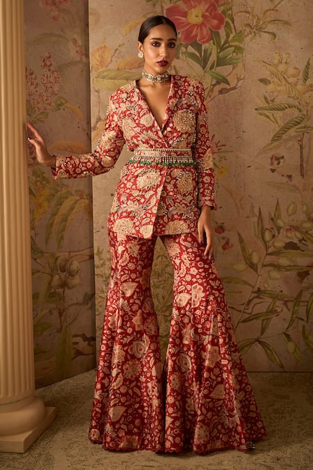 Ridhi Mehra Red Raw Silk Icon Floral Print Jacket And Pant Set