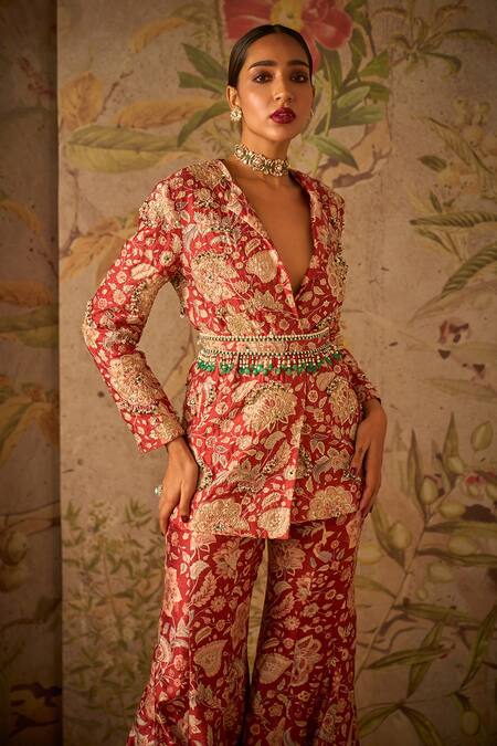 Buy_Ridhi Mehra_Red Raw Silk Icon Floral Print Jacket And Pant Set _Online_at_Aza_Fashions
