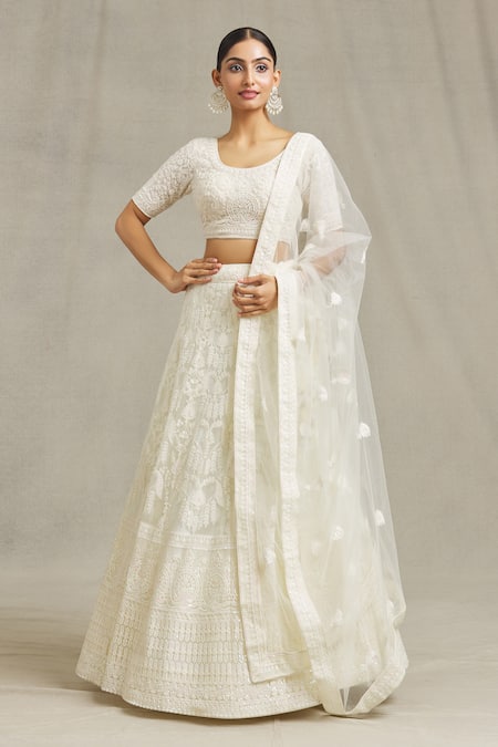 Off White Embroidered Semi-Stitched Lehenga & Unstitched Blouse With D –  Inddus.com