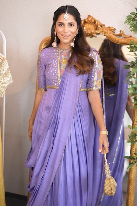 Abstract By Megha Jain Madaan Applique Embroidered Purple Saree Gown 
