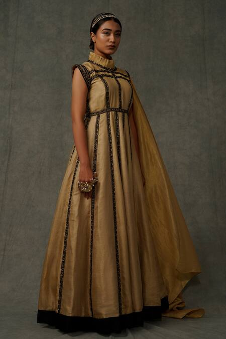 Abstract By Megha Jain Madaan_Beige Cotton, Kota Doria Sequins High Neck Geometric Embellished Draped Gown _Online_at_Aza_Fashions