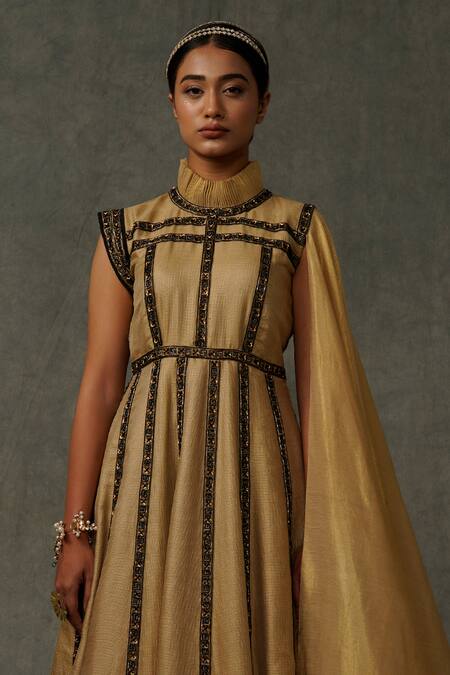 Shop_Abstract By Megha Jain Madaan_Beige Cotton, Kota Doria Sequins High Neck Geometric Embellished Draped Gown _Online_at_Aza_Fashions