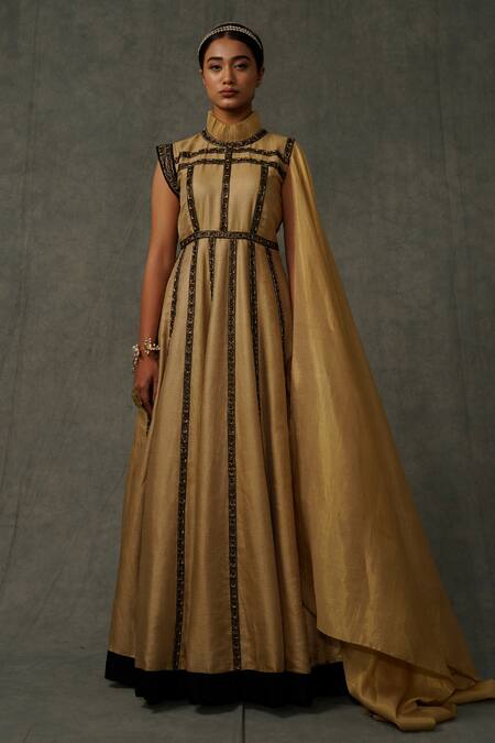 Abstract By Megha Jain Madaan_Beige Cotton, Kota Doria Sequins High Neck Geometric Embellished Draped Gown _at_Aza_Fashions