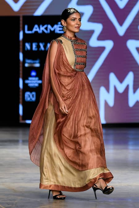 Abstract By Megha Jain Madaan_Beige Cotton, Silk Sequins, Beads Collared Embellished Draped Gown _Online_at_Aza_Fashions
