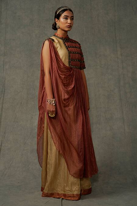 Buy_Abstract By Megha Jain Madaan_Beige Cotton, Silk Sequins, Beads Collared Embellished Draped Gown _Online_at_Aza_Fashions