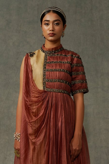 Shop_Abstract By Megha Jain Madaan_Beige Cotton, Silk Sequins, Beads Collared Embellished Draped Gown _Online_at_Aza_Fashions