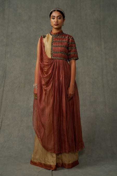 Abstract By Megha Jain Madaan_Beige Cotton, Silk Sequins, Beads Collared Embellished Draped Gown _at_Aza_Fashions