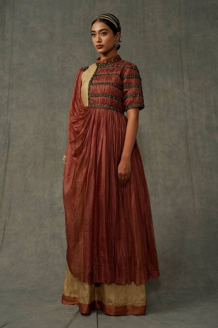 Buy_Abstract By Megha Jain Madaan_Beige Cotton, Silk Sequins, Beads Collared Embellished Draped Gown 