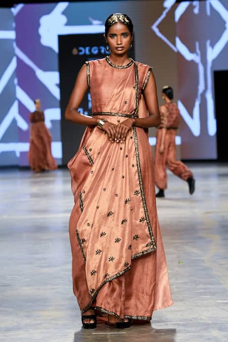 Abstract By Megha Jain Madaan Brown Kota Doria, Cotton Sequins Round Neck Floral Embellished Draped Gown Online at Aza Fashions Abstract By Megha Jain Madaan_Brown Kota Doria, Cotton Sequins Round Neck Floral Embellished Draped Gown _Online_at_Aza_Fashions