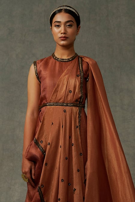 Buy Abstract By Megha Jain Madaan Brown Kota Doria, Cotton Sequins Round Neck Floral Embellished Draped Gown Online at Aza Fashions Buy_Abstract By Megha Jain Madaan_Brown Kota Doria, Cotton Sequins Round Neck Floral Embellished Draped Gown _Online_at_Aza_Fashions
