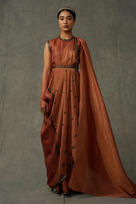Shop Abstract By Megha Jain Madaan Brown Kota Doria, Cotton Sequins Round Neck Floral Embellished Draped Gown Online at Aza Fashions Shop_Abstract By Megha Jain Madaan_Brown Kota Doria, Cotton Sequins Round Neck Floral Embellished Draped Gown _Online_at_Aza_Fashions