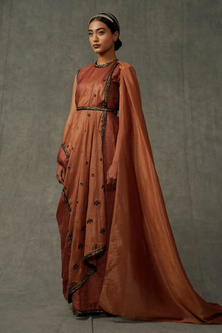 Abstract By Megha Jain Madaan Brown Kota Doria, Cotton Sequins Round Neck Floral Embellished Draped Gown at Aza Fashions Abstract By Megha Jain Madaan_Brown Kota Doria, Cotton Sequins Round Neck Floral Embellished Draped Gown _at_Aza_Fashions