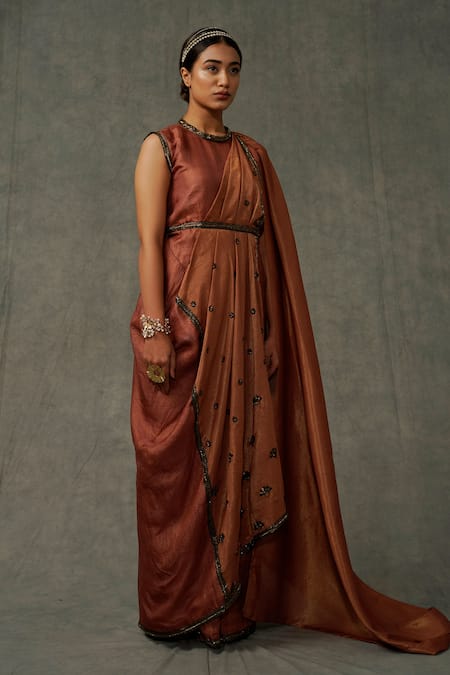 Buy Abstract By Megha Jain Madaan Brown Kota Doria, Cotton Sequins Round Neck Floral Embellished Draped Gown Buy_Abstract By Megha Jain Madaan_Brown Kota Doria, Cotton Sequins Round Neck Floral Embellished Draped Gown
