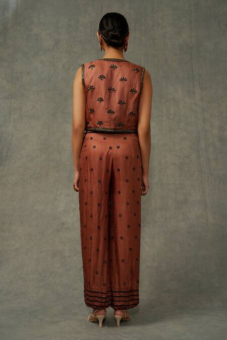 Abstract By Megha Jain Madaan_Brown Cotton, Tissue, Kota Doria Floral Embroidered Pant Set With Jacket _Online_at_Aza_Fashions