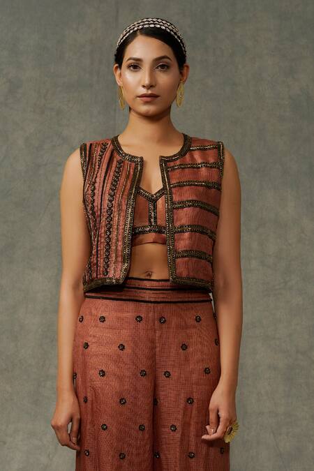 Buy_Abstract By Megha Jain Madaan_Brown Cotton, Tissue, Kota Doria Floral Embroidered Pant Set With Jacket _Online_at_Aza_Fashions