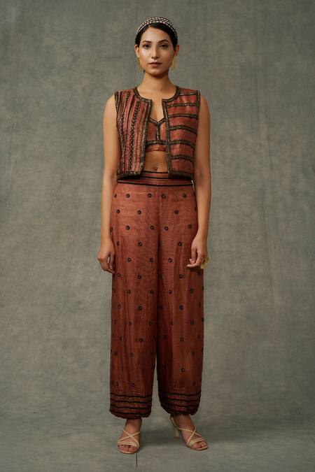 Shop_Abstract By Megha Jain Madaan_Brown Cotton, Tissue, Kota Doria Floral Embroidered Pant Set With Jacket _Online_at_Aza_Fashions