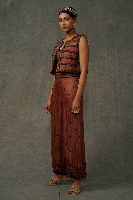 Abstract By Megha Jain Madaan_Brown Cotton, Tissue, Kota Doria Floral Embroidered Pant Set With Jacket _at_Aza_Fashions