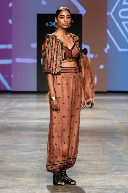 Buy_Abstract By Megha Jain Madaan_Brown Cotton, Tissue, Kota Doria Floral Embroidered Pant Set With Jacket 