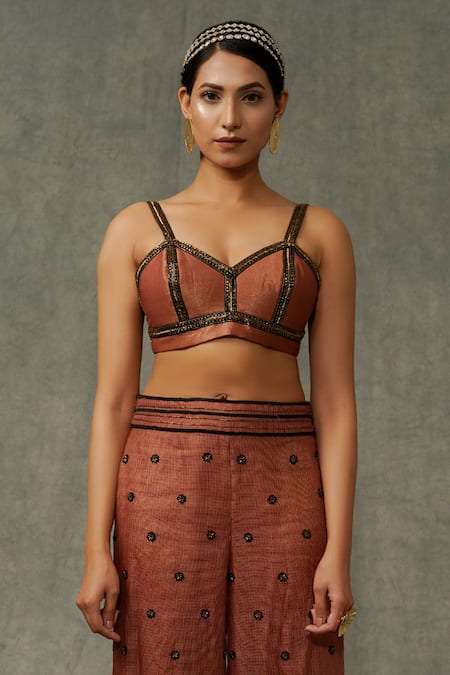 Abstract By Megha Jain Madaan_Brown Cotton Sequins, Beads Tissue Embellished Bralette _Online_at_Aza_Fashions